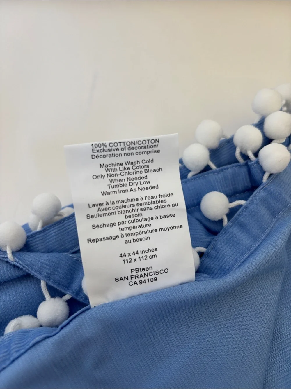 Pottery Barn‎ Teen Muffy Cord Drape 44”x44” Periwinkle Blue Pom Poms w/Tie Back